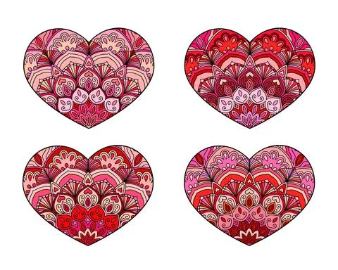Vector Hearts set. Decorative mandala ornament. Intricate valentines collection Stock Illustration