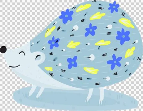 Vector hedgehog is standing on patch showing blue flowers and yellow leaves, Illustrazione stock