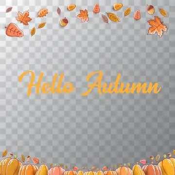Vector hello autumn banner or label with text and falling autumn leaves isolated Stock Illustration