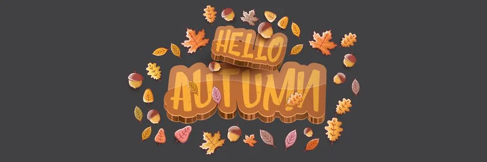 Vector hello autumn horizontal banner or label with text and falling autumn Stock Illustration
