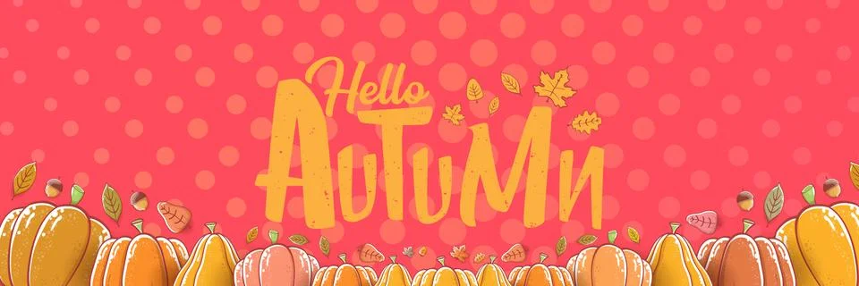 Vector hello autumn horizontal banner or label with text and falling autumn Stock Illustration