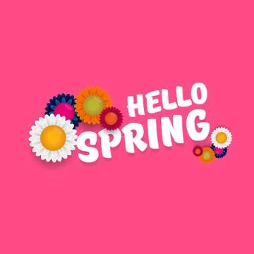 Vector hello spring cut paper banner with text and flowers. hello spring slogan Stock Illustration
