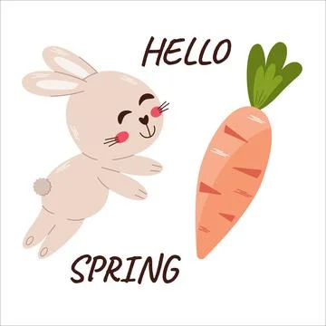 Vector Hello Spring Happy Jumping Bunny and carrot Easter illustration Stock Illustration