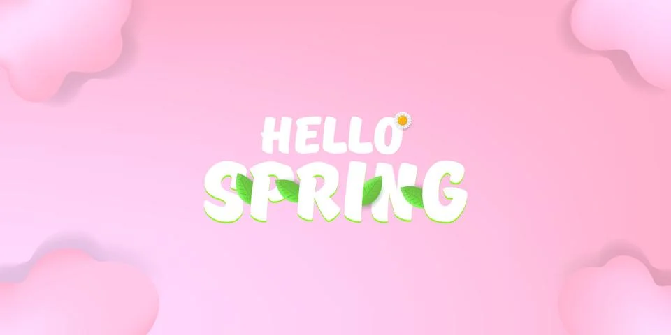 Vector hello spring pink horizontal banner with text and flowers on soft pink Stock Illustration