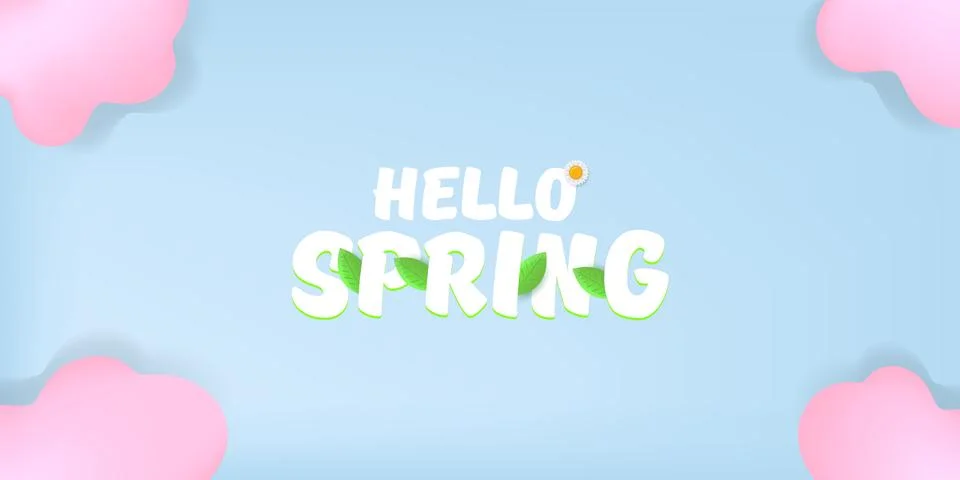 Vector hello spring pink horizontal banner with text and flowers on soft blue Stock Illustration