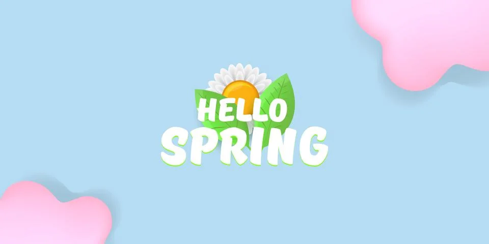 Vector hello spring pink horizontal banner with text and flowers on soft blue Stock Illustration