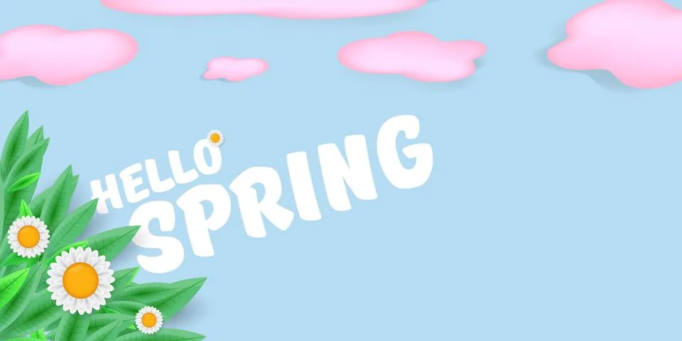 Vector hello spring pink horizontal banner with text and flowers on soft blue Stock Illustration