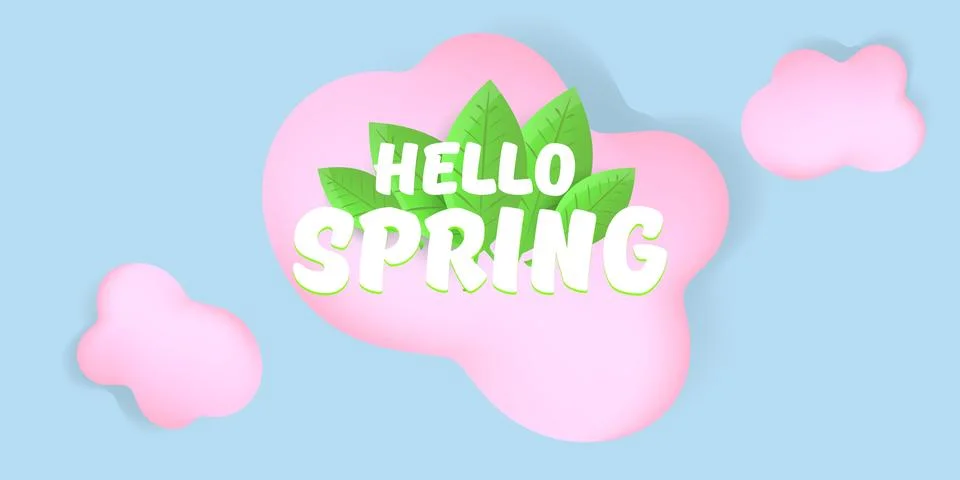 Vector hello spring pink horizontal banner with text and flowers on soft blue Stock Illustration