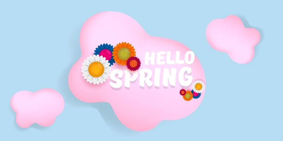 Vector hello spring pink horizontal banner with text and flowers on soft blue Stock Illustration