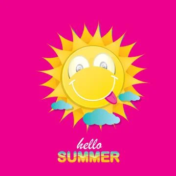 Vector hello summer creative label with smiling shiny sun isolated on pink Stock Illustration