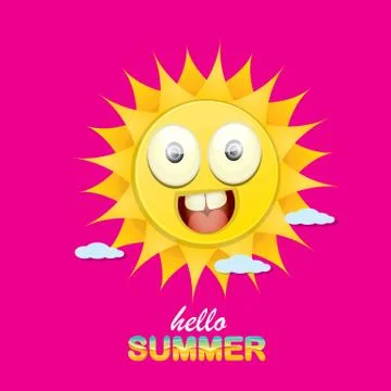 Vector hello summer creative label with smiling shiny sun isolated on pink Stock Illustration