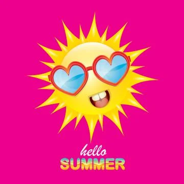 Vector hello summer creative label with smiling shiny sun isolated on pink Stock Illustration