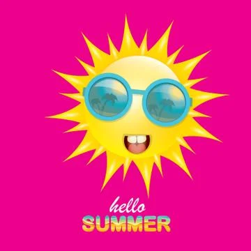 Vector hello summer creative label with smiling shiny sun isolated on pink Stock Illustration
