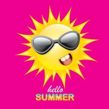 Vector hello summer creative label with smiling shiny sun isolated on pink Stock Illustration