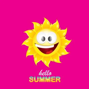 Vector hello summer creative label with smiling shiny sun isolated on pink Stock Illustration