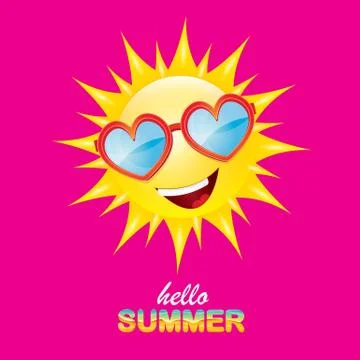 Vector hello summer creative label with smiling shiny sun isolated on pink Stock Illustration