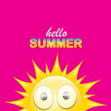 Vector hello summer creative label with smiling shiny sun isolated on pink Stock Illustration