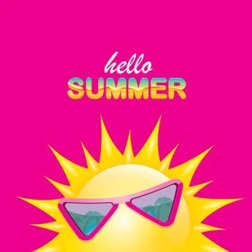 Vector hello summer creative label with smiling shiny sun isolated on pink Stock Illustration