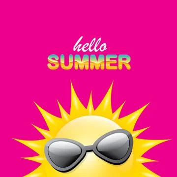 Vector hello summer creative label with smiling shiny sun isolated on pink Stock Illustration