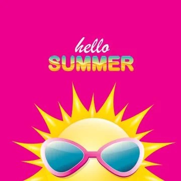 Vector hello summer creative label with smiling shiny sun isolated on pink Stock Illustration