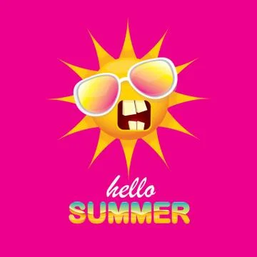 Vector hello summer creative label with smiling shiny sun isolated on pink Stock Illustration