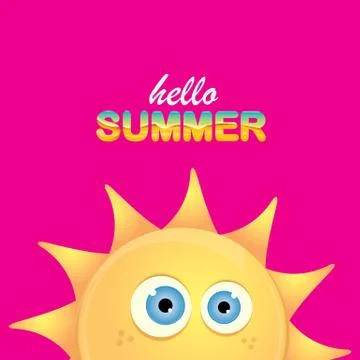 Vector hello summer creative label with smiling shiny sun isolated on pink Stock Illustration