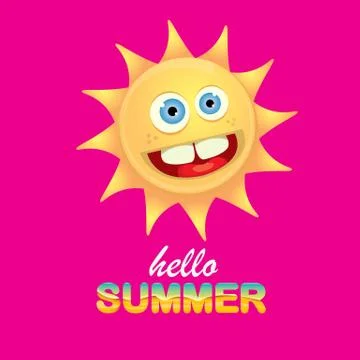 Vector hello summer creative label with smiling shiny sun isolated on pink Stock Illustration