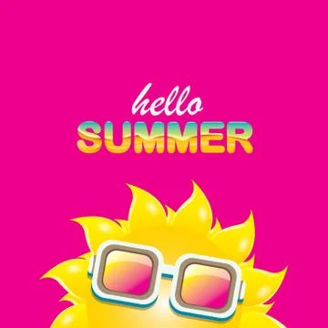 Vector hello summer creative label with smiling shiny sun isolated on pink Stock Illustration