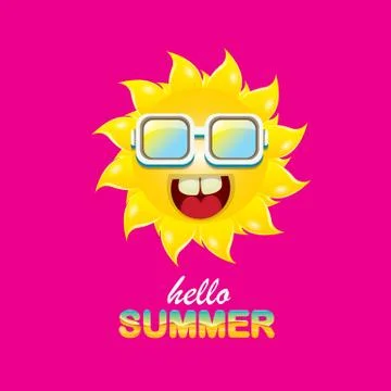 Vector hello summer creative label with smiling shiny sun isolated on pink Stock Illustration