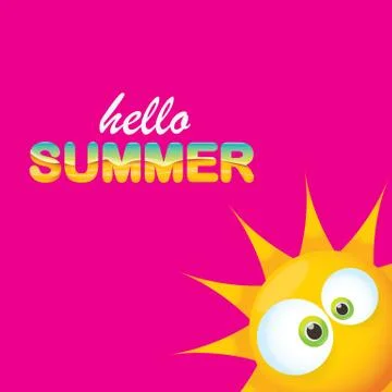 Vector hello summer creative label with smiling shiny sun isolated on pink Stock Illustration