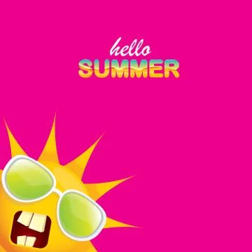 Vector hello summer creative label with smiling shiny sun isolated on pink Stock Illustration