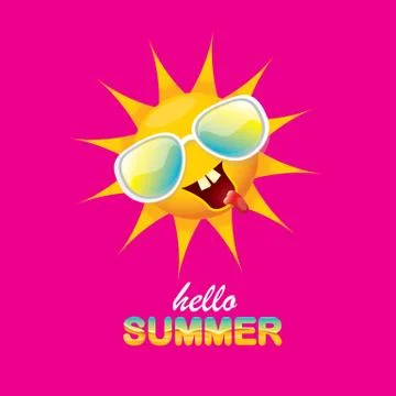 Vector hello summer creative label with smiling shiny sun isolated on pink Stock Illustration