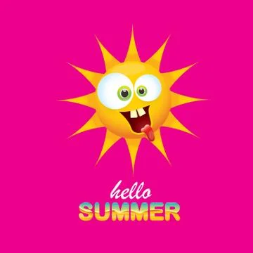 Vector hello summer creative label with smiling shiny sun isolated on pink Stock Illustration