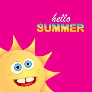 Vector hello summer creative label with smiling shiny sun isolated on pink Stock Illustration