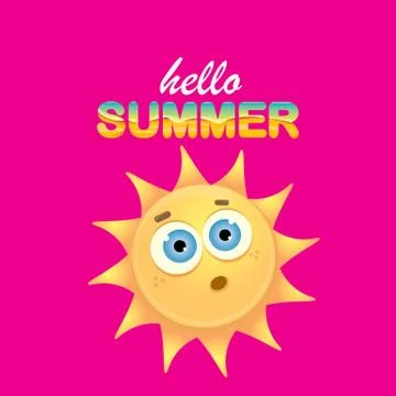 Vector hello summer creative label with smiling shiny sun isolated on pink Stock Illustration