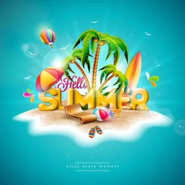 Vector Hello Summer Holiday Illustration with 3d Typography Letter on Ocean Blue Illustrazione stock