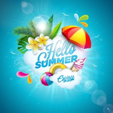 Vector Hello Summer Holiday Illustration with Flower and Beach Ball on Ocean Stock Illustration
