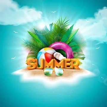 Vector Hello Summer Holiday Illustration with 3d Typography Letter on Ocean Blue Stock Illustration