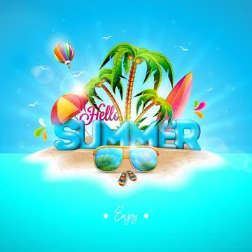 Vector Hello Summer Holiday Illustration with 3d Lettering on Ocean Landscape Stock Illustration