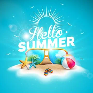 Vector Hello Summer Holiday Illustration with Typography Letter and Sunglasses Stock Illustration