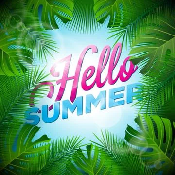Vector Hello Summer Holiday typographic illustration with tropical plants and Illustrazione stock