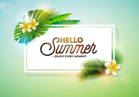 Vector Hello Summer Holiday typography illustration with tropical plants and Stock Illustration