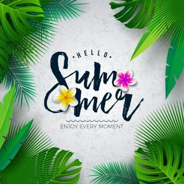 Vector Hello Summer Illustration with Typography Letter and Tropical Palm Leaves Stock Illustration