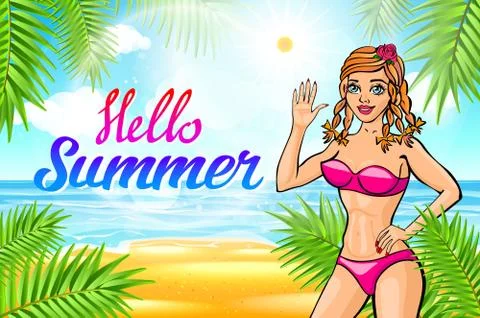 Vector Hello summer lettering and Woman on of the Sea Beach and Takes Sunbath Stock Illustration