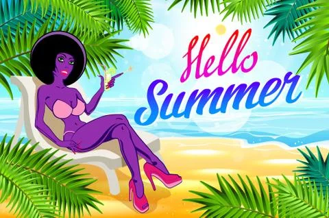 Vector Hello summer lettering and Woman on of the Sea Beach and Takes Sunbath Stock Illustration