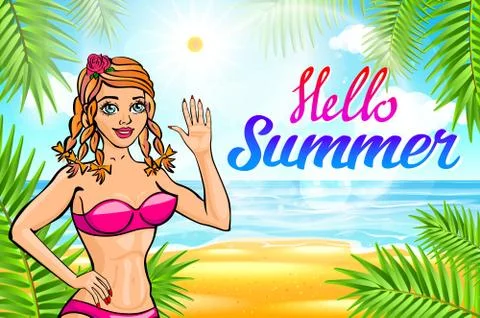 Vector Hello summer lettering and Woman on of the Sea Beach and Takes Sunbath Stock Illustration