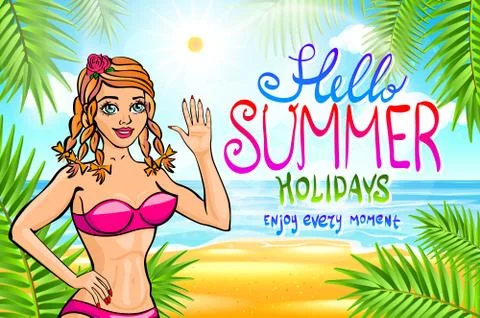 Vector Hello summer lettering and Woman on of the Sea Beach and Takes Sunbath Stock Illustration
