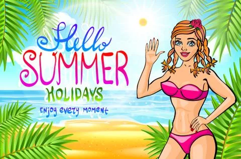 Vector Hello summer lettering and Woman on of the Sea Beach and Takes Sunbath Stock Illustration