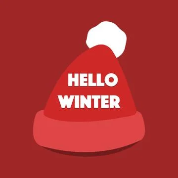 Vector Hello Winter Typographic Poster with Santa Claus Hat. Hand Drawn Phrase Stock Illustration