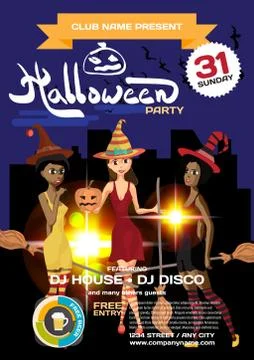 Vector helloween party invitation disco style. Three girls in th Stock Illustration